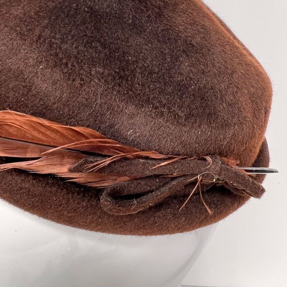 Vintage Henry Pollak Fascinator 30s 40s Selkirk Brown Wool Feather Topper Hat - Picture 2 of 7
